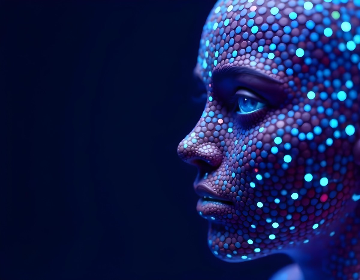 A Digital Face Made Of Blue Dots The Face Is In The Right Side Of The Image Dark Blue Background 15 Aae8