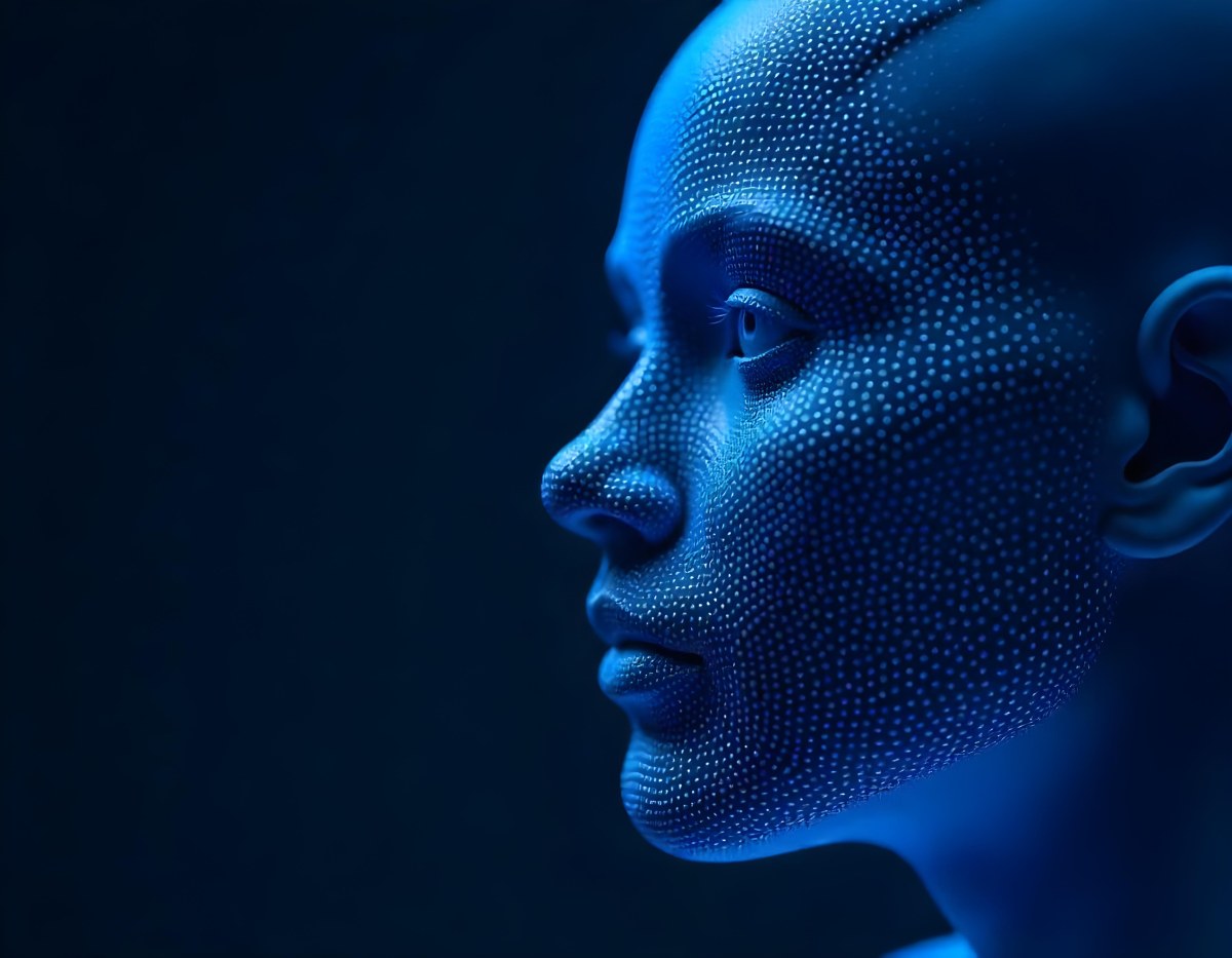 A Digital Face Made Of Blue Dots The Face Is In The Right Side Of The Image Dark Blue Background 27 02ce
