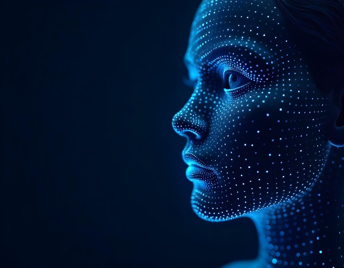 A Digital Face Made Of Blue Dots The Face Is In The Right Side Of The Image Dark Blue Background 28 B5bc