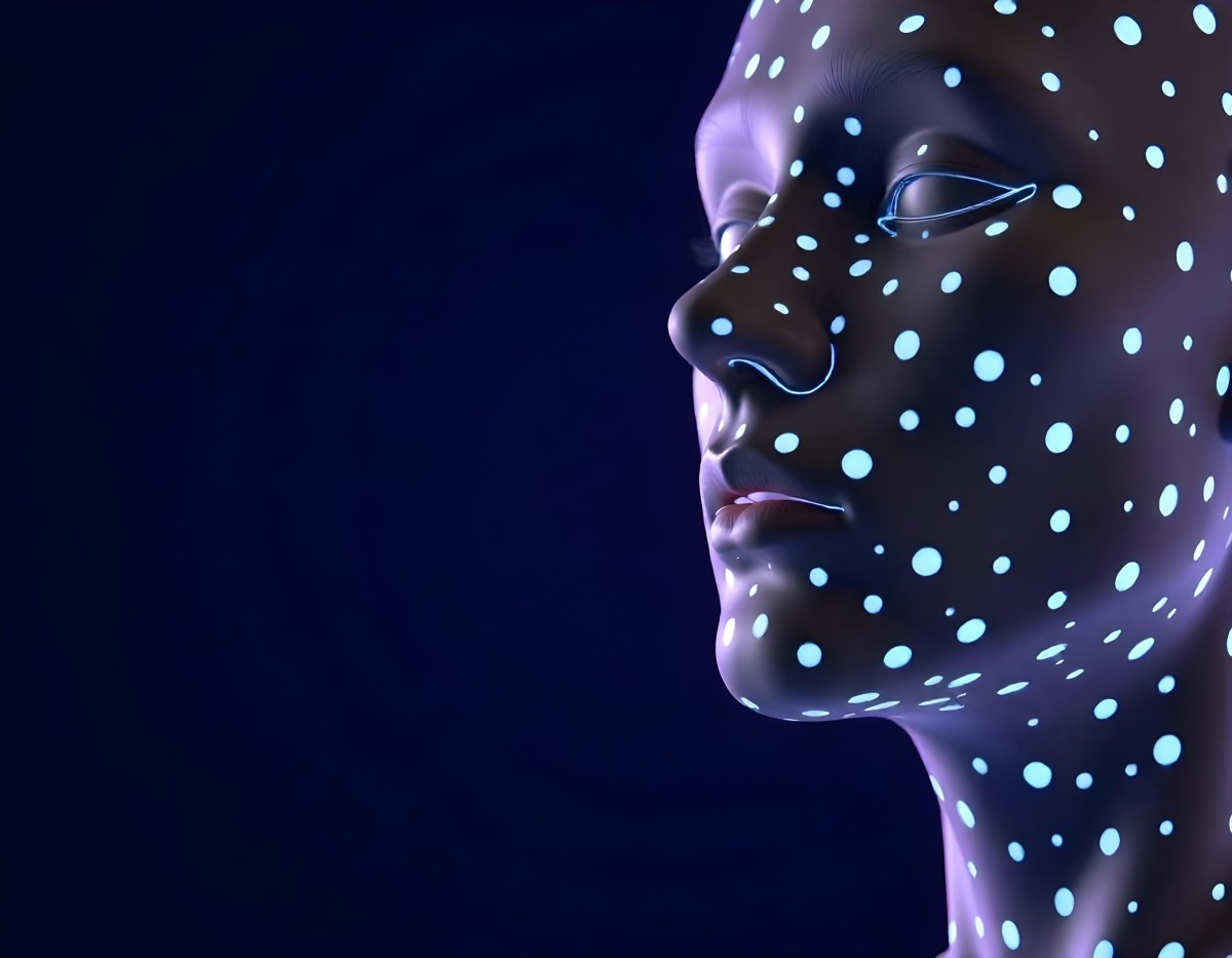 A Digital Face Made Of Blue Dots The Face Is In The Right Side Of The Image Dark Blue Background 30 1abe