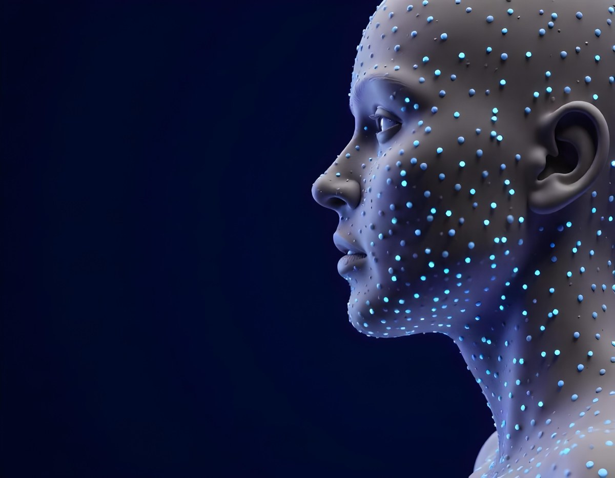 A Digital Face Made Of Blue Dots The Face Is In The Right Side Of The Image Dark Blue Background 31 582c