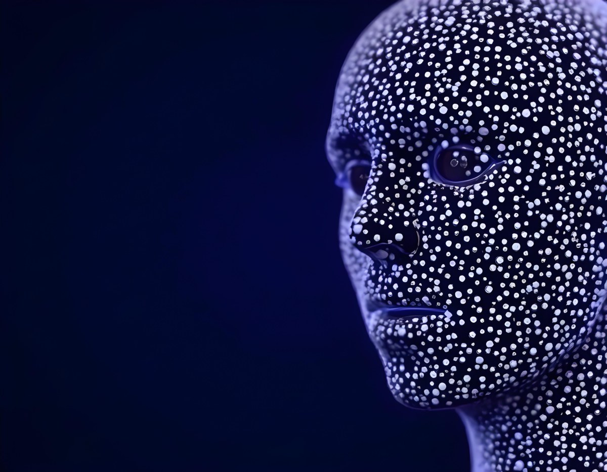 A Digital Face Made Of Blue Dots The Face Is In The Right Side Of The Image Dark Blue Background 4 B7ce