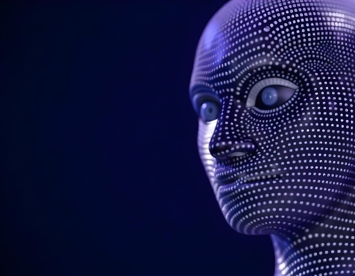 A Digital Face Made Of Blue Dots The Face Is In The Right Side Of The Image Dark Blue Background 6 7b83