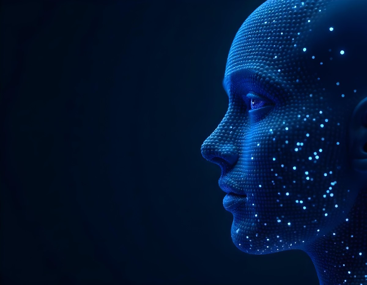 A Digital Face Made Of Blue Dots The Face Is In The Right Side Of The Image Dark Blue Background 7 765a
