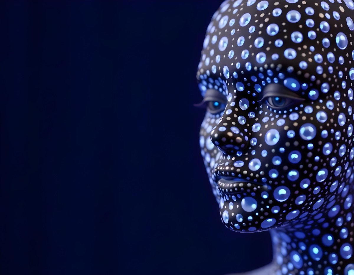 A Digital Face Made Of Blue Dots The Face Is In The Right Side Of The Image Dark Blue Background 9 E41d