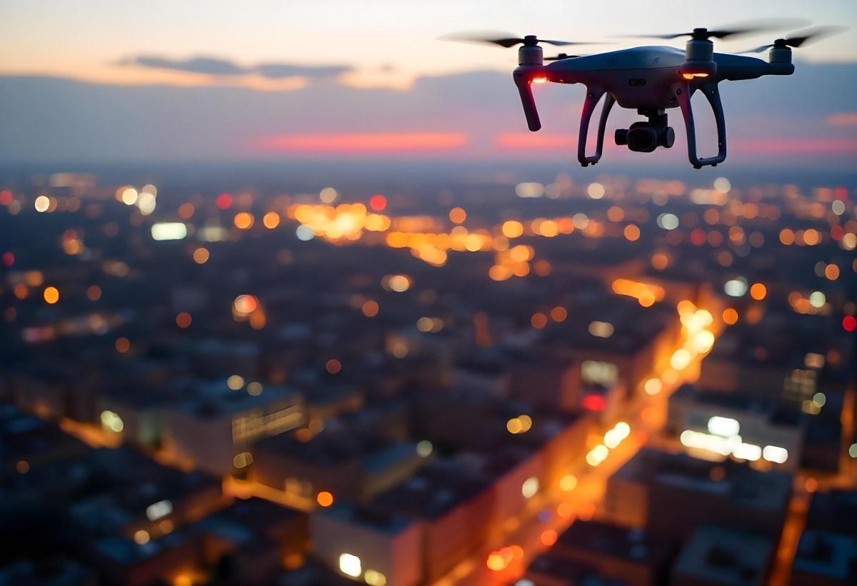 A Drone Flying Over A City At Night The City Is Illuminated With Lights The Sky Is A Mix Of Orange And Purple 14 Bdee