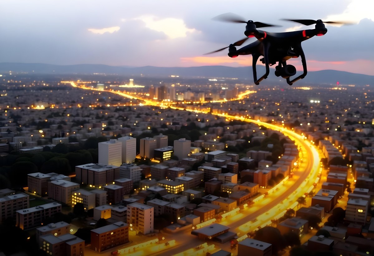 A Drone Flying Over A City At Night The City Is Illuminated With Lights The Sky Is A Mix Of Orange And Purple 15 5578