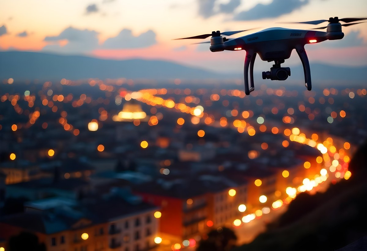A Drone Flying Over A City At Night The City Is Illuminated With Lights The Sky Is A Mix Of Orange And Purple 16 0ed1