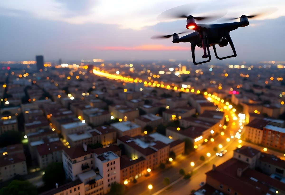 A Drone Flying Over A City At Night The City Is Illuminated With Lights The Sky Is A Mix Of Orange And Purple 17 7f6d