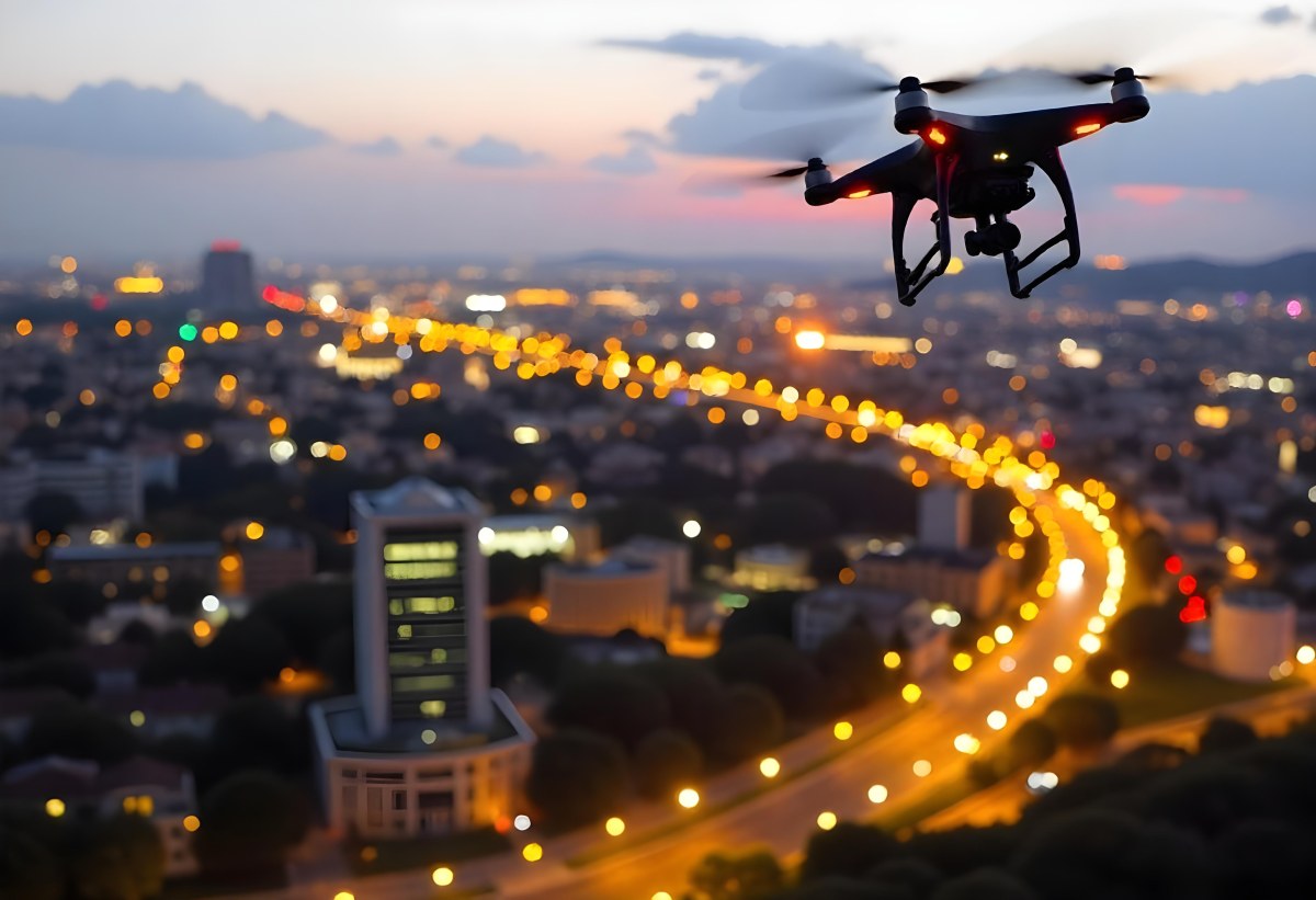 A Drone Flying Over A City At Night The City Is Illuminated With Lights The Sky Is A Mix Of Orange And Purple 18 B404