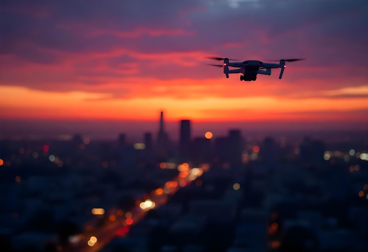 A Drone Flying Over A City At Night The City Is Illuminated With Lights The Sky Is A Mix Of Orange And Purple 3 A782