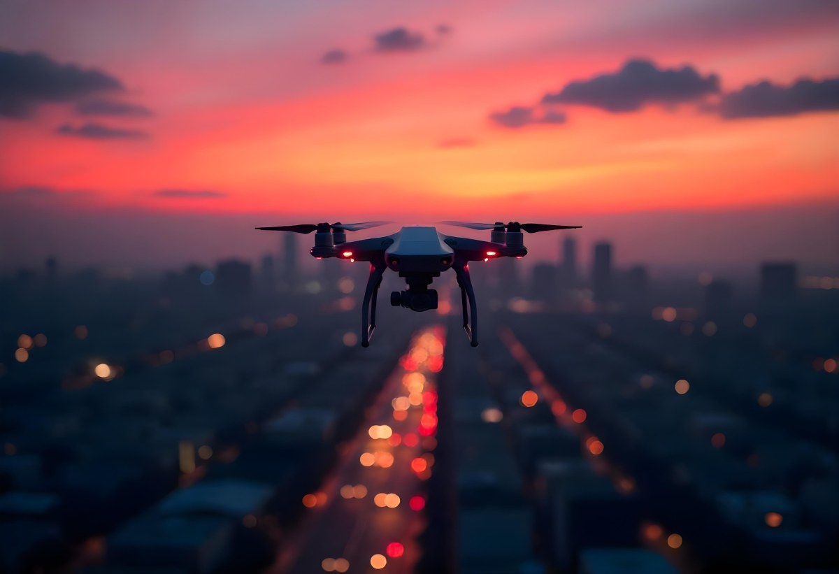 A Drone Flying Over A City At Night The City Is Illuminated With Lights The Sky Is A Mix Of Orange And Purple 4 7590