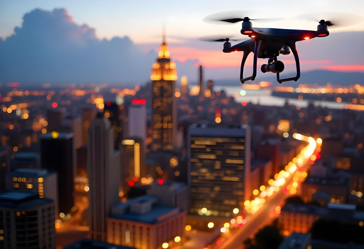 A Drone Flying Over A City At Night The City Is Illuminated With Lights The Sky Is A Mix Of Orange And Purple 5 178e