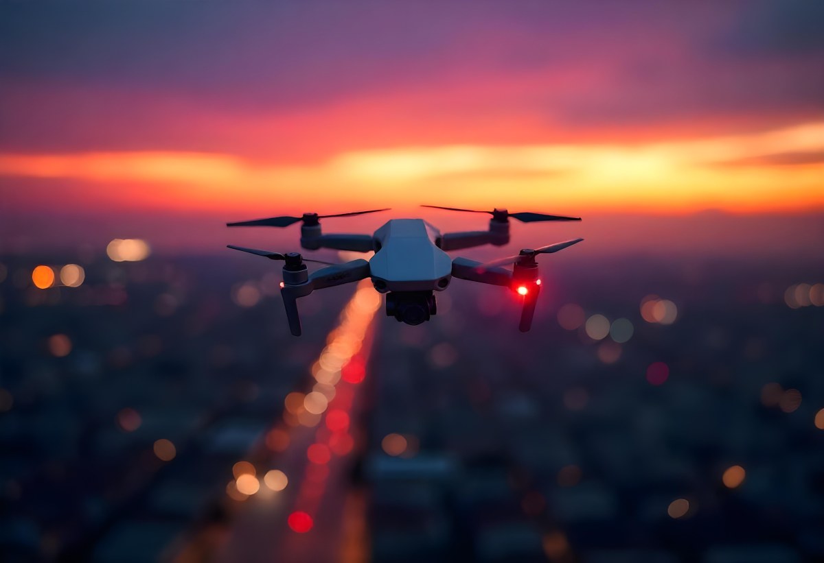 A Drone Flying Over A City At Night The City Is Illuminated With Lights The Sky Is A Mix Of Orange And Purple 8 0935