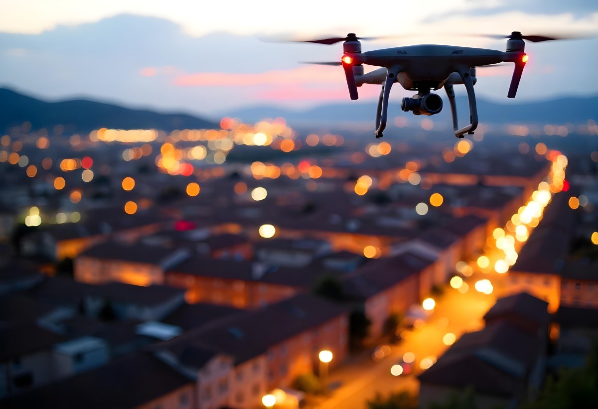 A Drone Flying Over A City At Night The City Is Illuminated With Lights The Sky Is A Mix Of Orange And Purple 9 73d6