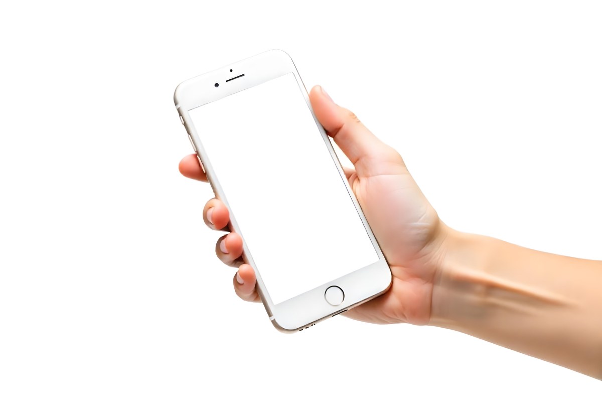A Fair Skinned Hand Holding A White Smartphone With A Blank Black Screen Isolated On A Black Background 7 6b88