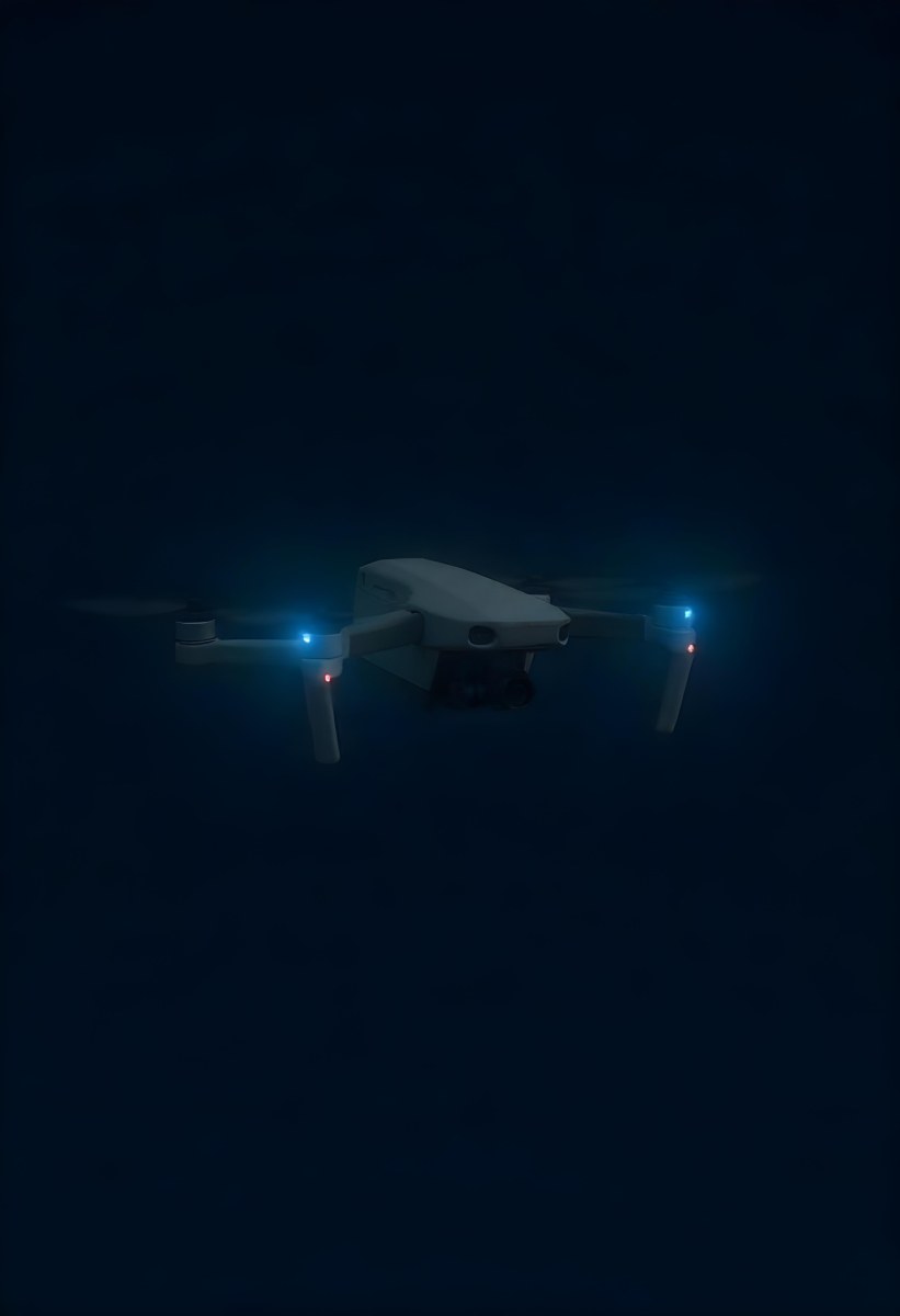 A Gray Mavic 2 Drone With Blue Propellers In The Air The Sky Is Black 2 5dba