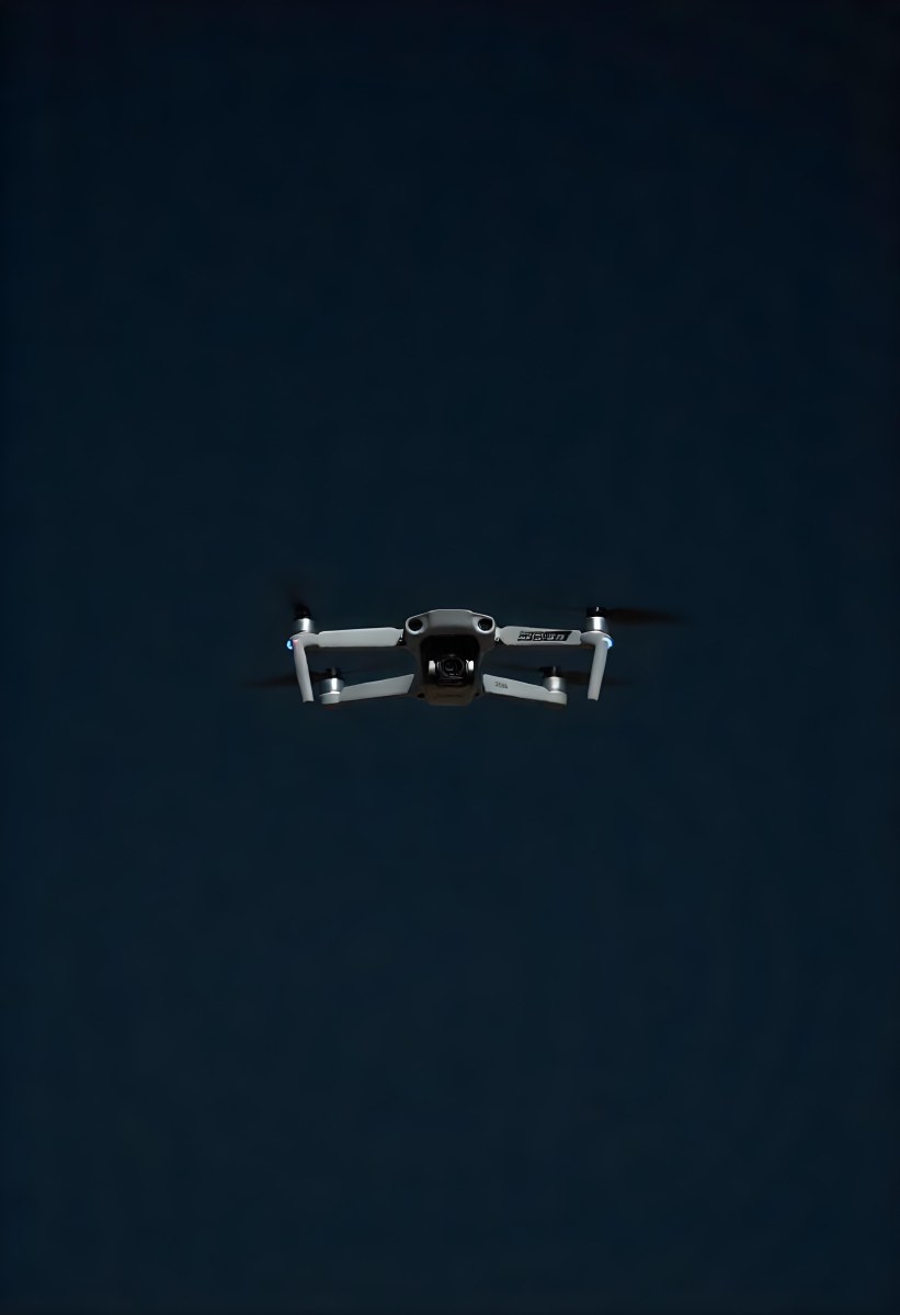 A Gray Mavic 2 Drone With Blue Propellers In The Air The Sky Is Black 7 Be2d