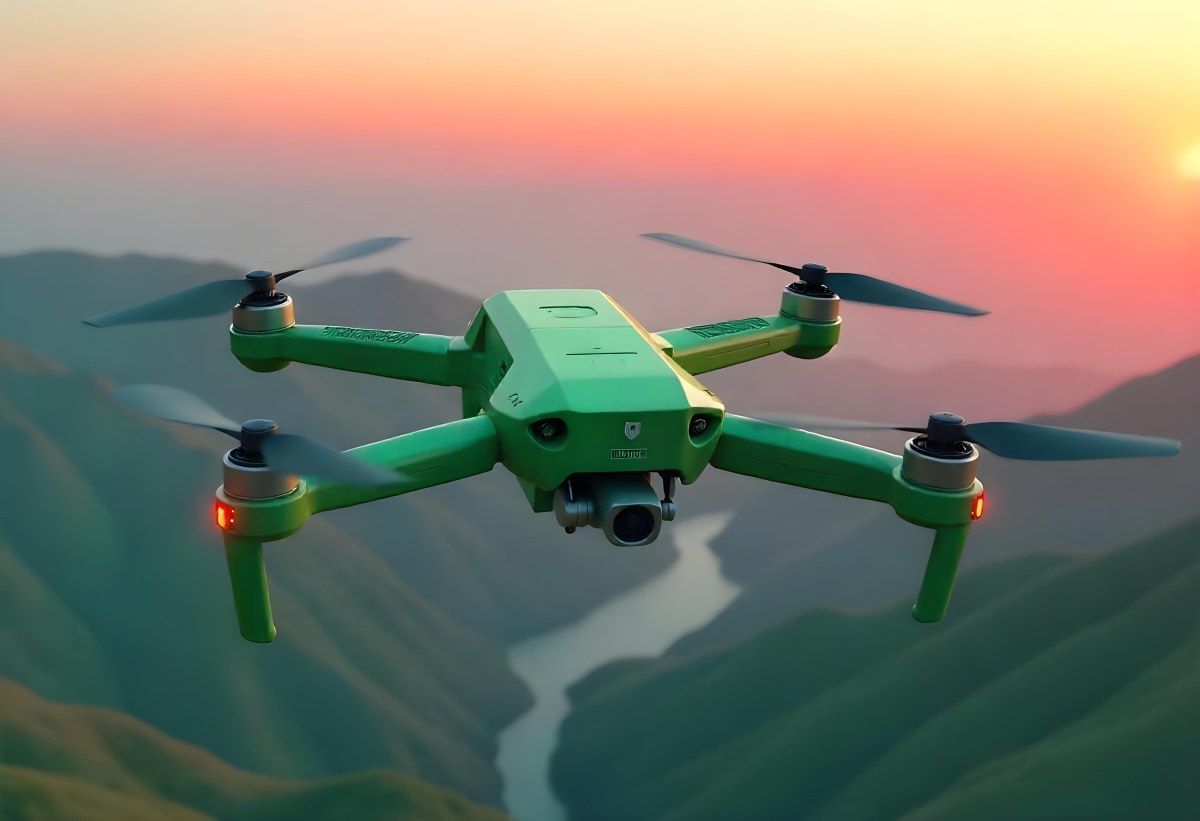 A Green Drone With A Green Tank Flying Over A Green Mountain Landscape The Sky Is Red Aerial Perspective Drone Delivery 1 Fcdd