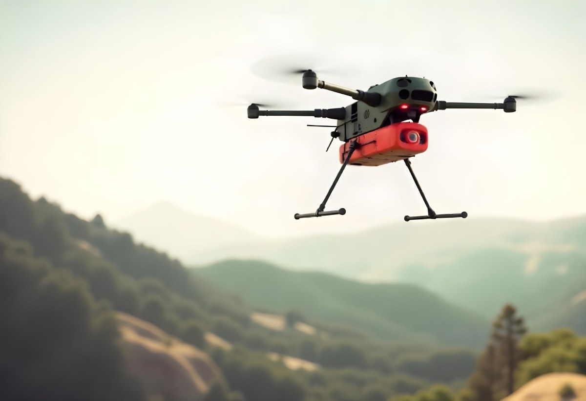 A Green Drone With A Green Tank Flying Over A Green Mountain Landscape The Sky Is Red Aerial Perspective Drone Delivery 10 7a5d