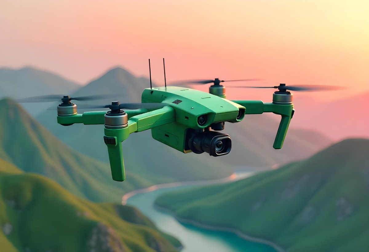 A Green Drone With A Green Tank Flying Over A Green Mountain Landscape The Sky Is Red Aerial Perspective Drone Delivery 11 Bcdb