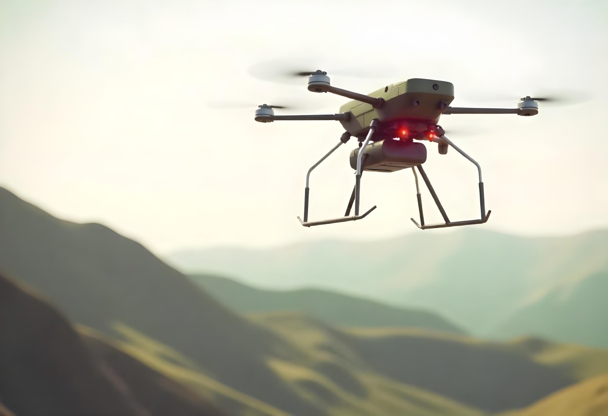 A Green Drone With A Green Tank Flying Over A Green Mountain Landscape The Sky Is Red Aerial Perspective Drone Delivery 13 Fadb