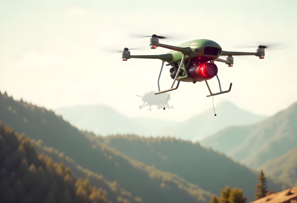 A Green Drone With A Green Tank Flying Over A Green Mountain Landscape The Sky Is Red Aerial Perspective Drone Delivery 14 Fb91