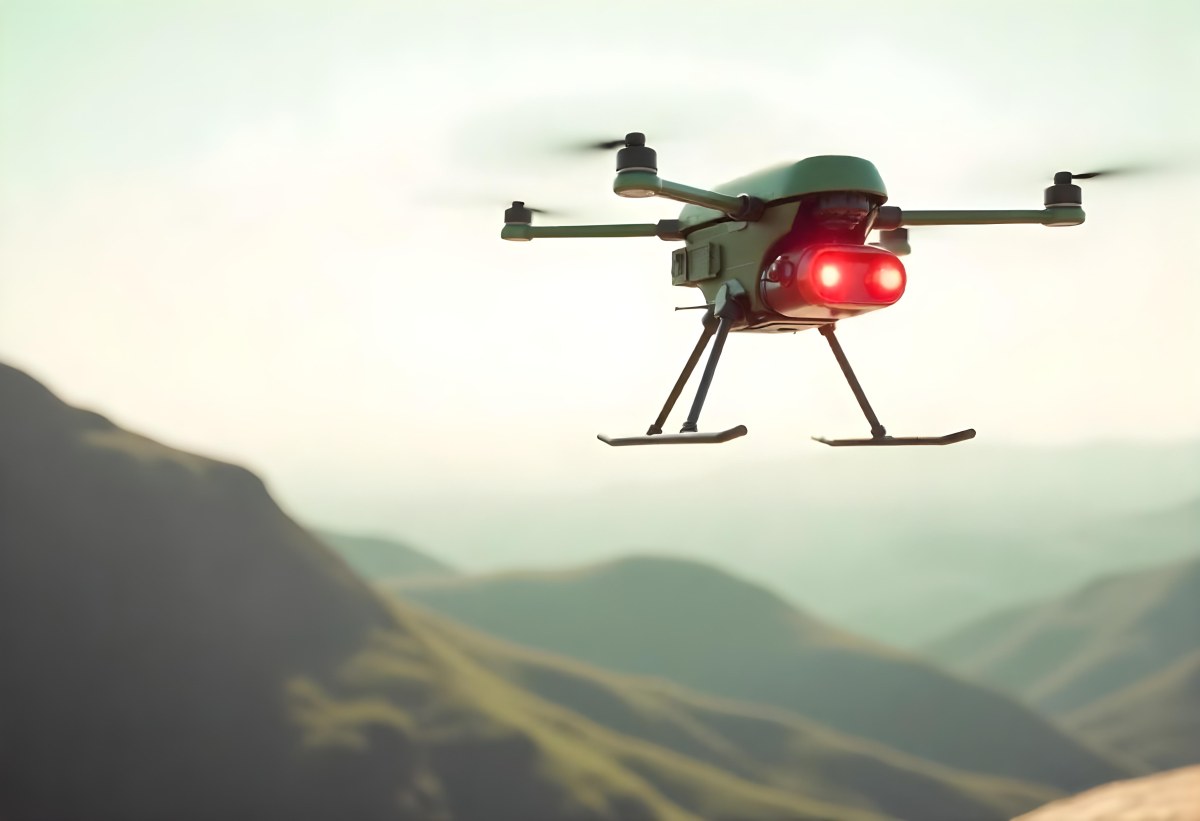 A Green Drone With A Green Tank Flying Over A Green Mountain Landscape The Sky Is Red Aerial Perspective Drone Delivery 15 3e9b
