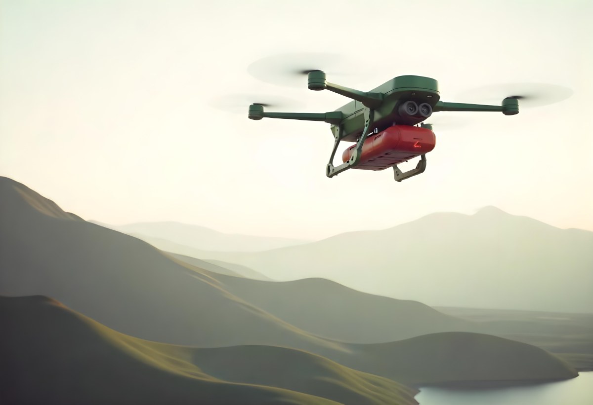 A Green Drone With A Green Tank Flying Over A Green Mountain Landscape The Sky Is Red Aerial Perspective Drone Delivery 19 6cc7