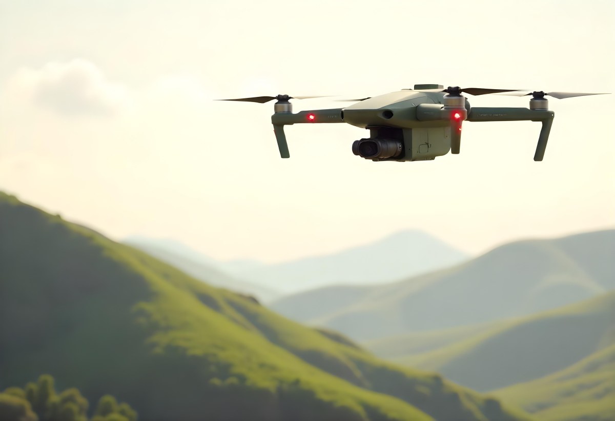 A Green Drone With A Green Tank Flying Over A Green Mountain Landscape The Sky Is Red Aerial Perspective Drone Delivery 2 7408
