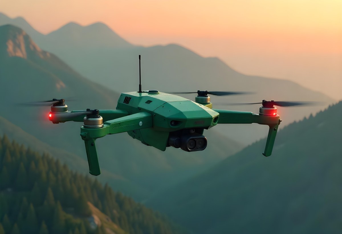 A Green Drone With A Green Tank Flying Over A Green Mountain Landscape The Sky Is Red Aerial Perspective Drone Delivery 20 2440