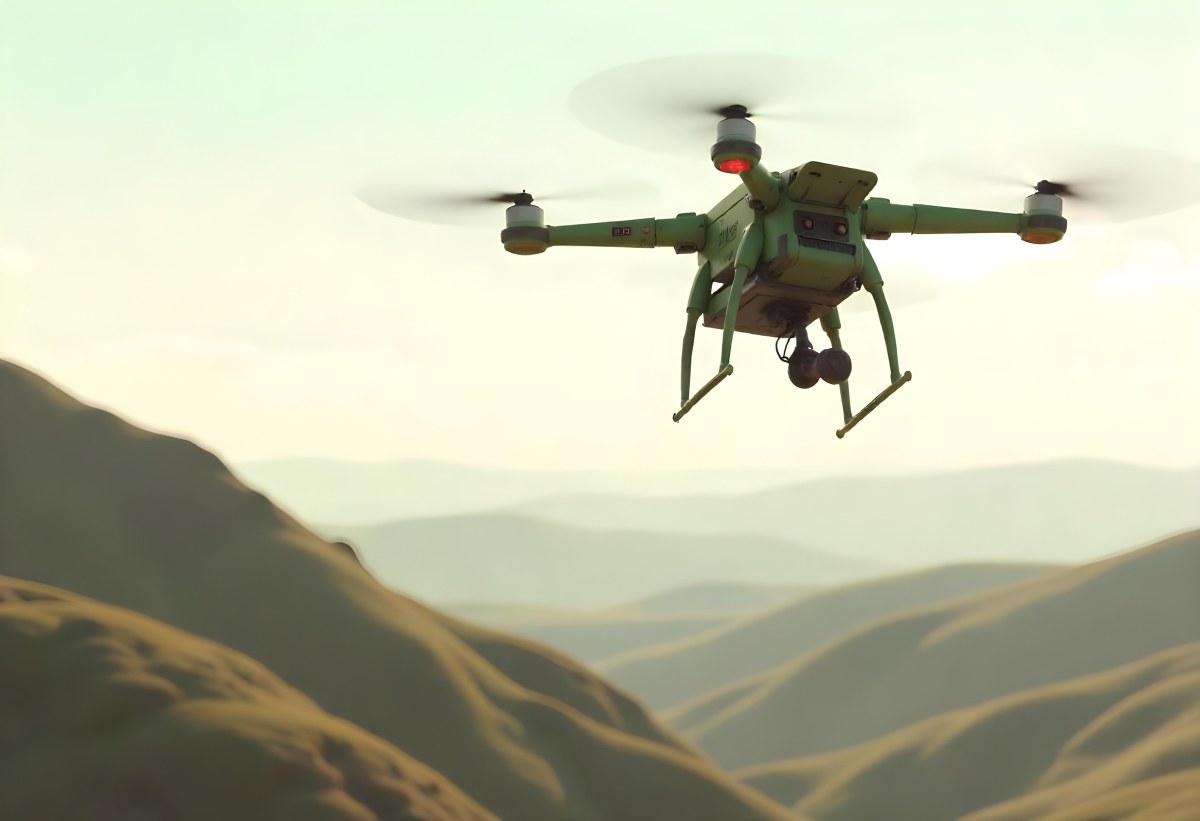 A Green Drone With A Green Tank Flying Over A Green Mountain Landscape The Sky Is Red Aerial Perspective Drone Delivery 5 3b35