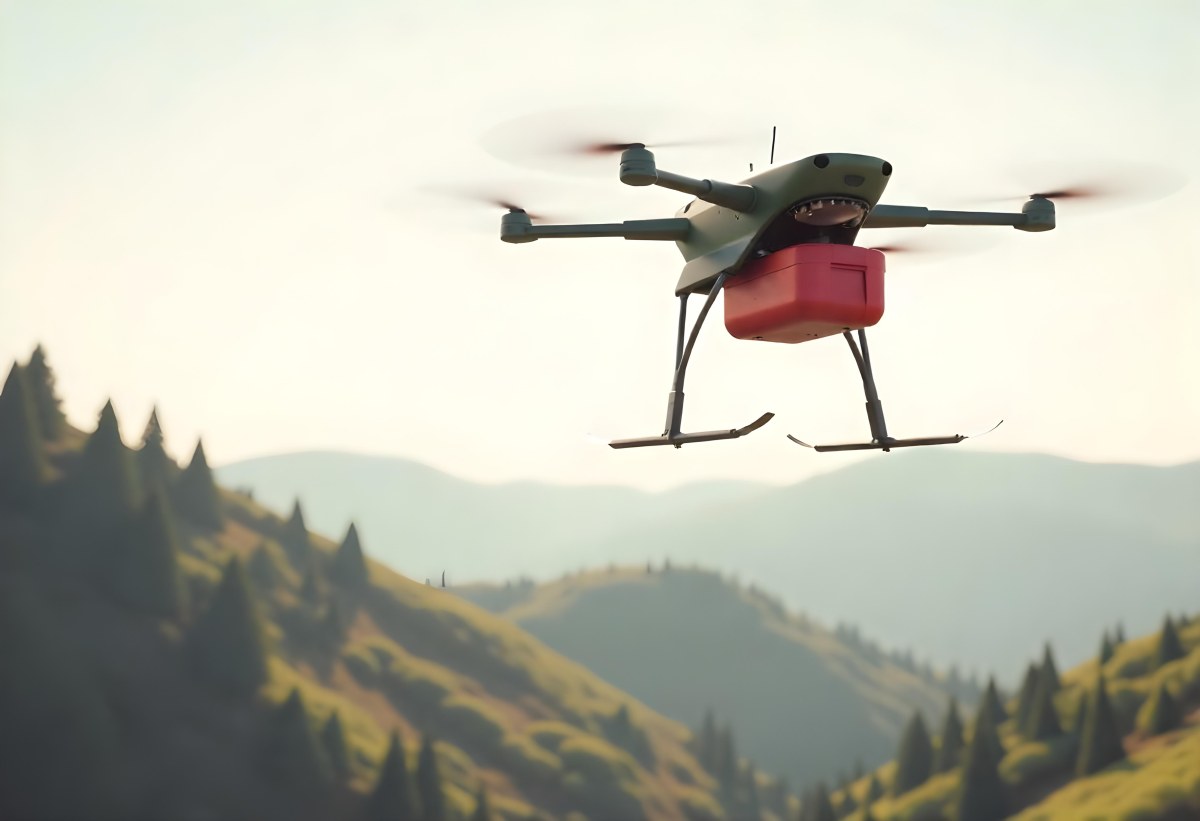 A Green Drone With A Green Tank Flying Over A Green Mountain Landscape The Sky Is Red Aerial Perspective Drone Delivery 6 8a6e