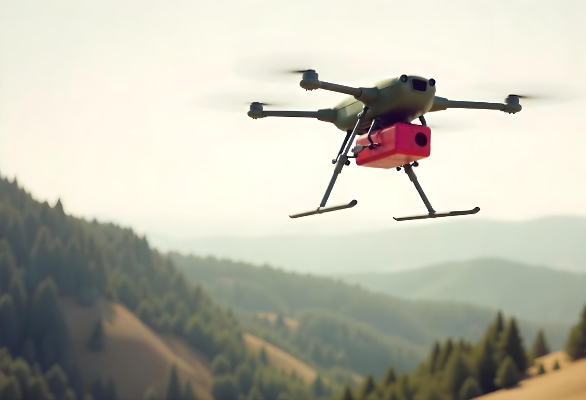 A Green Drone With A Green Tank Flying Over A Green Mountain Landscape The Sky Is Red Aerial Perspective Drone Delivery 8 Afc4