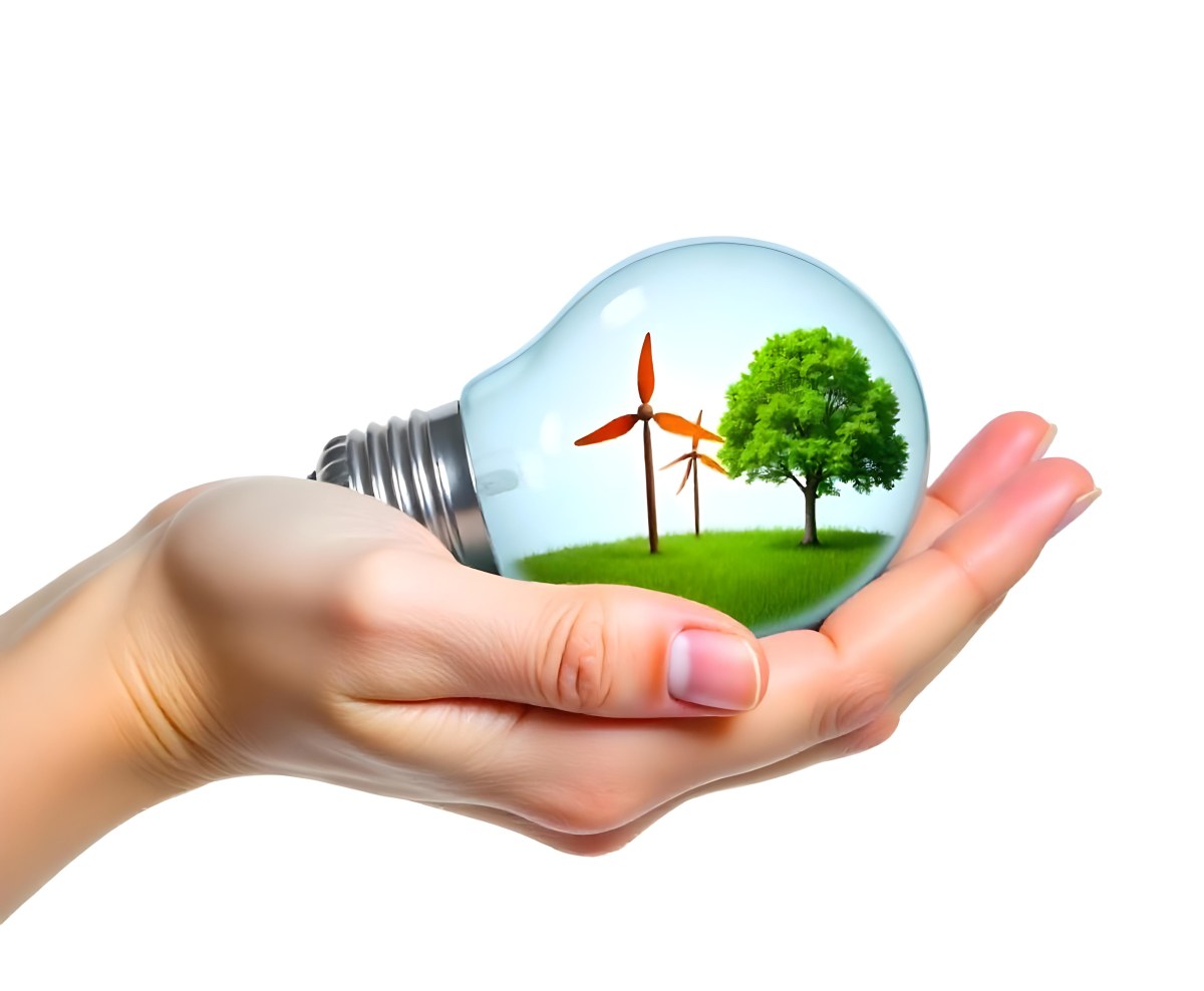 A Hand Holding A Light Bulb With A Tree And Two Windmills Inside The Background Is Plain White 100 Abd5