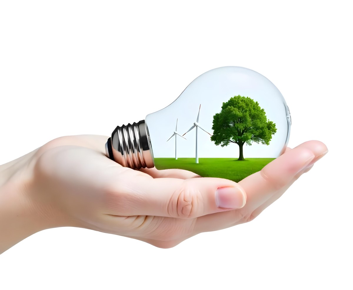 A Hand Holding A Light Bulb With A Tree And Two Windmills Inside The Background Is Plain White 57 D18f