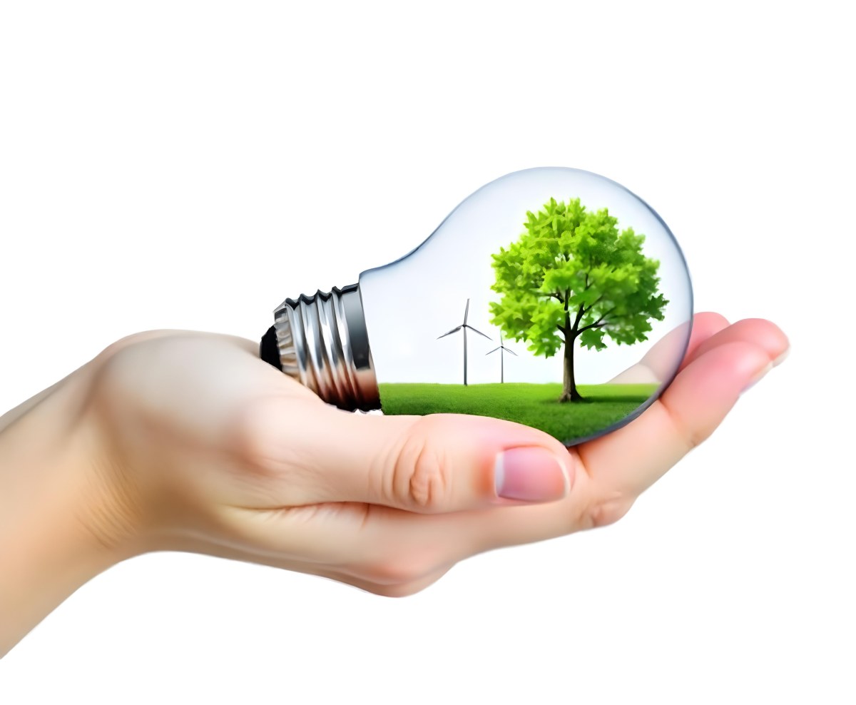 A Hand Holding A Light Bulb With A Tree And Two Windmills Inside The Background Is Plain White 65 Aa73