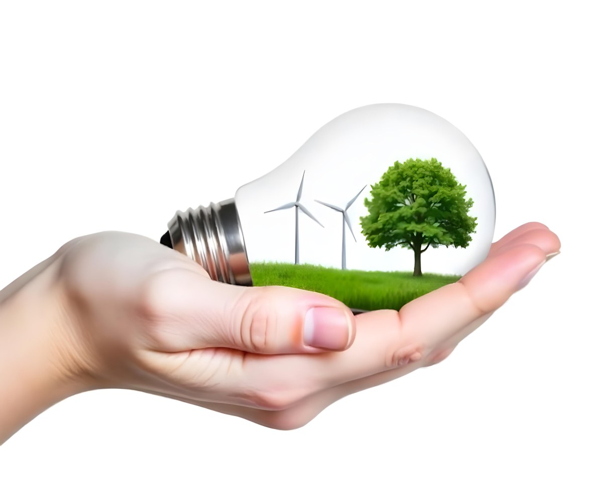 A Hand Holding A Light Bulb With A Tree And Two Windmills Inside The Background Is Plain White 71 62cf