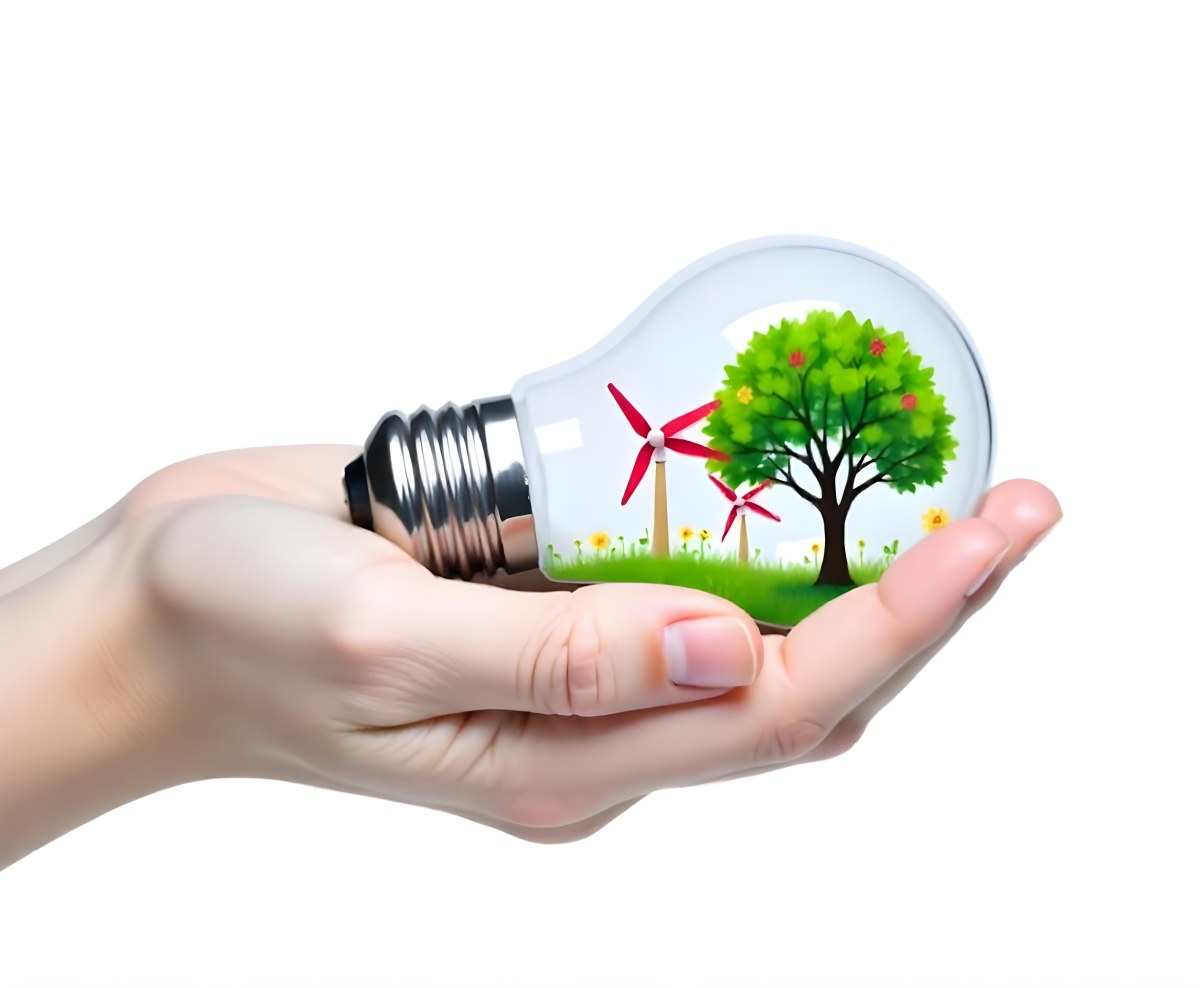 A Hand Holding A Light Bulb With A Tree And Two Windmills Inside The Background Is Plain White 75 7b46