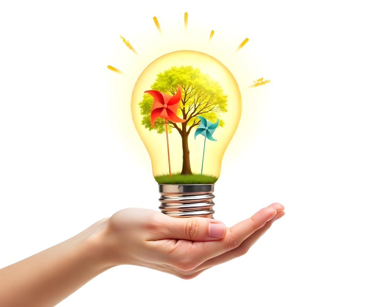 A Hand Holding A Light Bulb With A Tree And Two Windmills Inside The Background Is Plain White 84 27ae