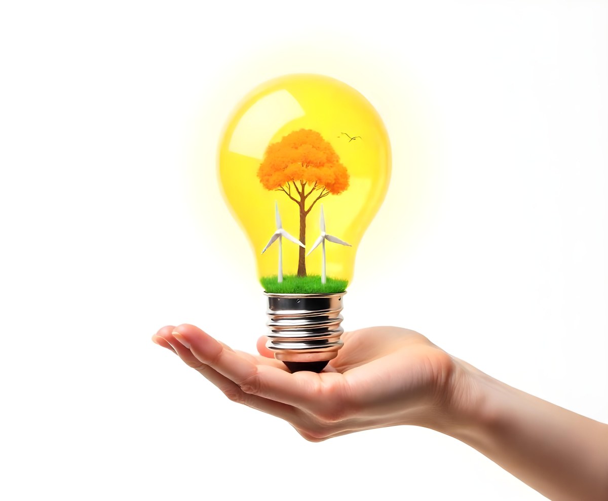 A Hand Holding A Light Bulb With A Tree And Two Windmills Inside The Background Is Plain White 87 F348