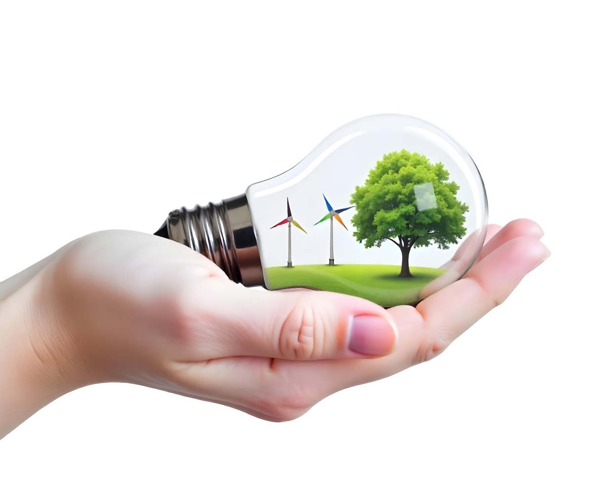 A Hand Holding A Light Bulb With A Tree And Two Windmills Inside The Background Is Plain White 88 A3f3