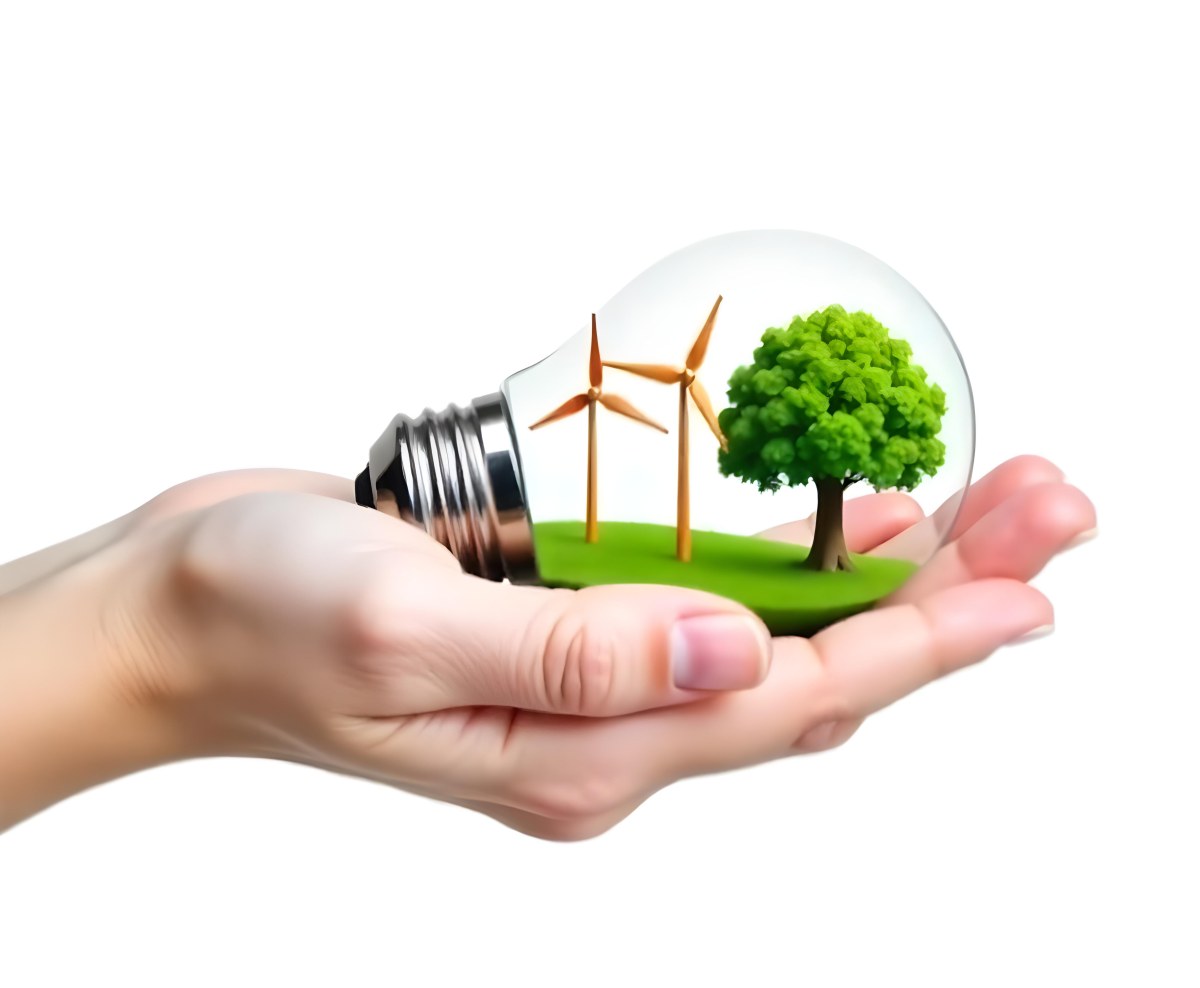 A Hand Holding A Light Bulb With A Tree And Two Windmills Inside The Background Is Plain White 89 3f46