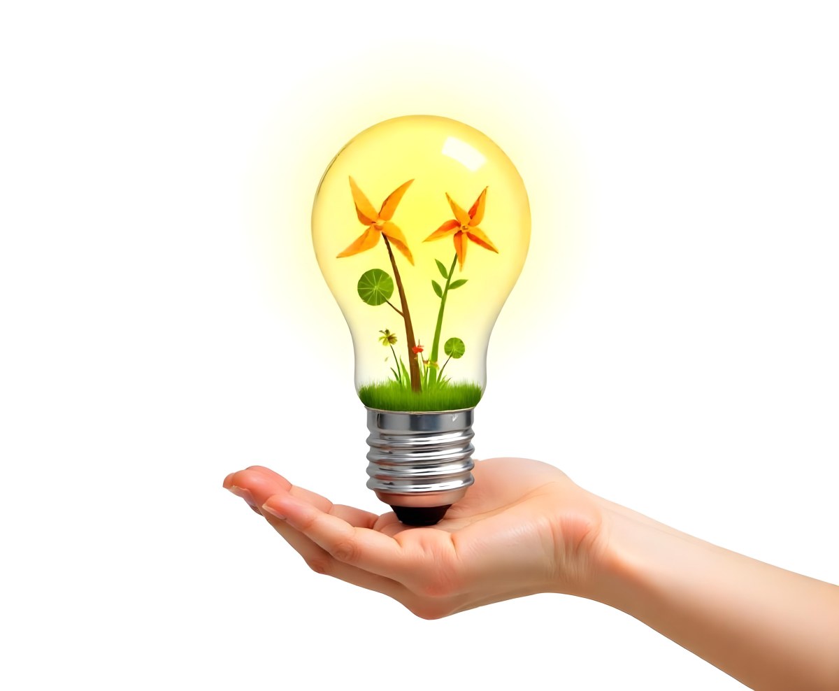 A Hand Holding A Light Bulb With A Tree And Two Windmills Inside The Background Is Plain White 92 A6ab