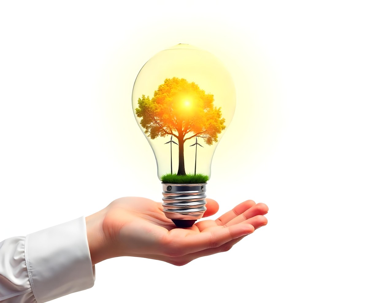 A Hand Holding A Light Bulb With A Tree And Two Windmills Inside The Background Is Plain White 93 0186