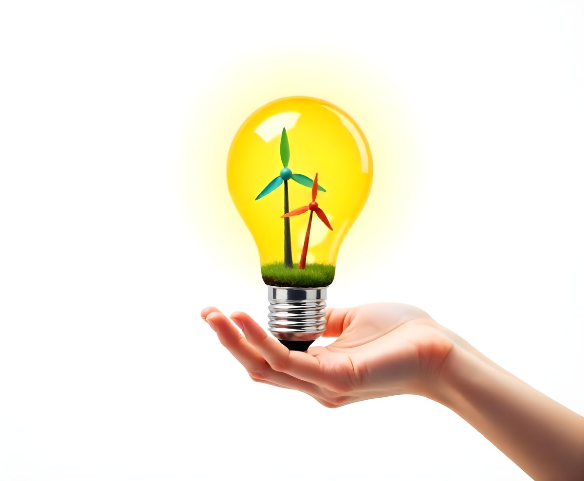 A Hand Holding A Light Bulb With A Tree And Two Windmills Inside The Background Is Plain White 98 7733
