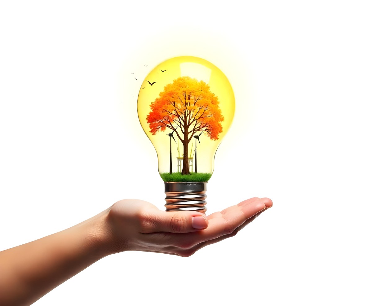 A Hand Holding A Light Bulb With A Tree And Two Windmills Inside The Background Is Plain White 99 Daa3