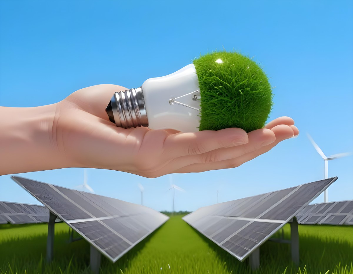 A Hand Holding A Light Bulb With Green Grass On Top Of It Solar Panels In A Green Field And A Blue Sky 21 297f