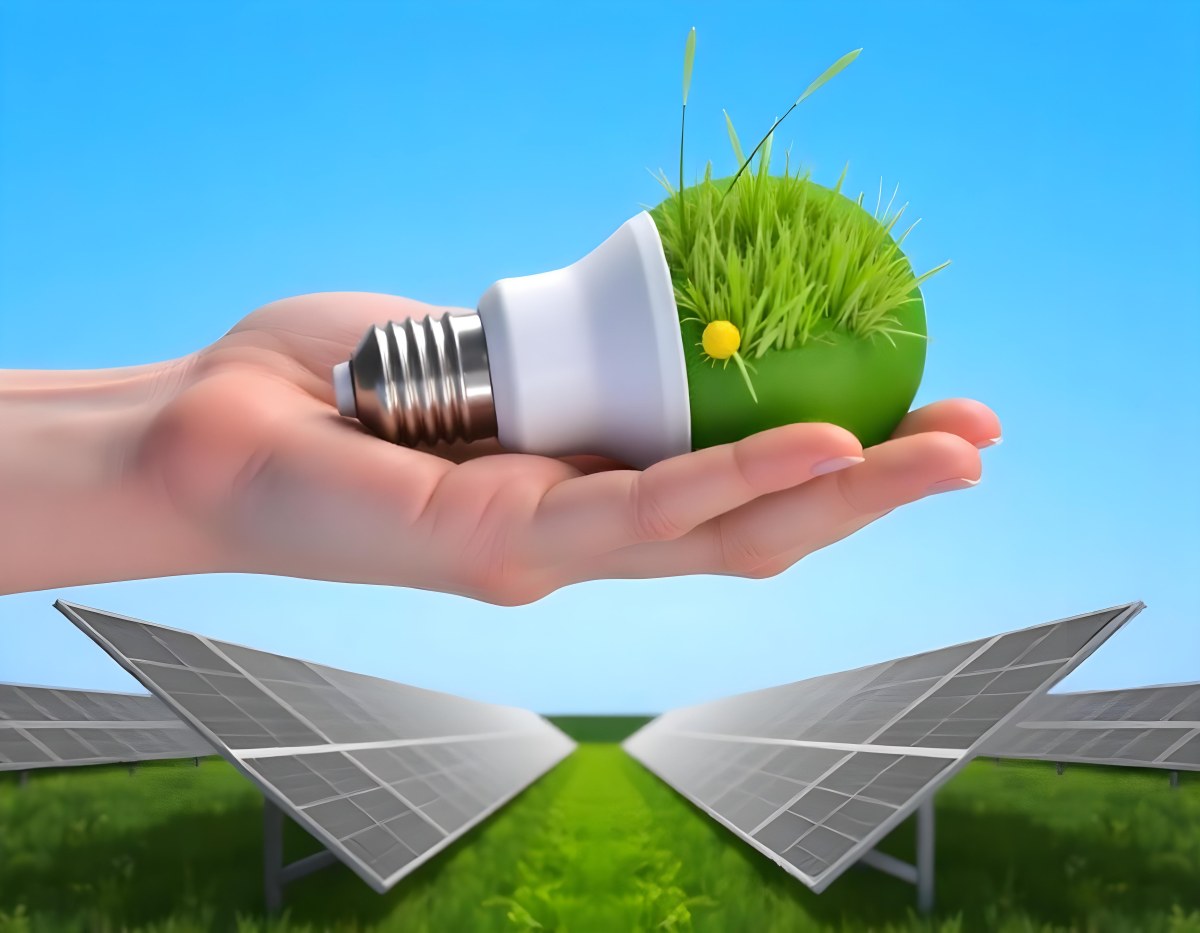 A Hand Holding A Light Bulb With Green Grass On Top Of It Solar Panels In A Green Field And A Blue Sky 30 F164