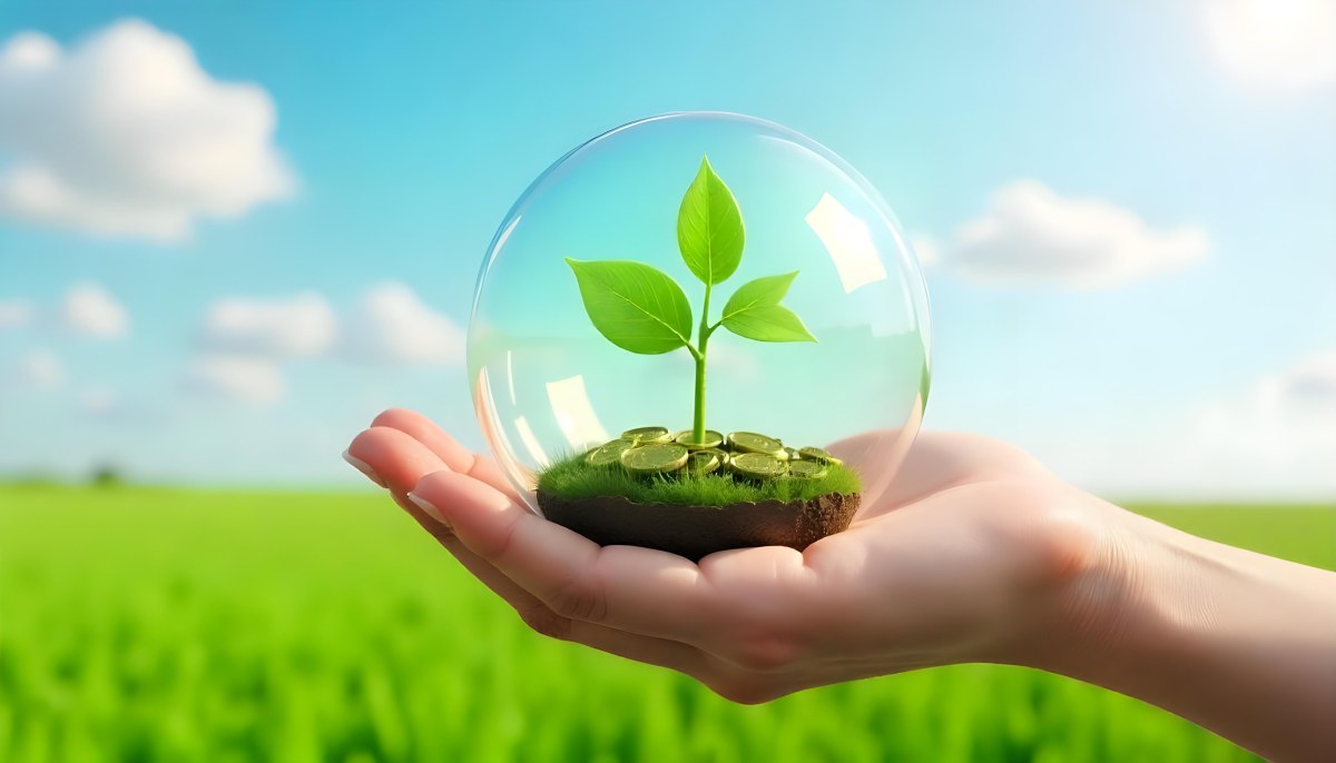 A Hand Holding A Light Bulb With Green Grass On Top Of It Solar Panels In A Green Field And A Blue Sky 42 D83f